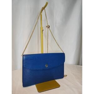 Louis Vuitton Blue Epi Leather Chain Clutch Envelope Bag Gold LV Logo Montaigne